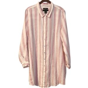 Tahari Women's 1X Linen Mauve Pink White Button-up Tunic Blouse Beachy Cottage